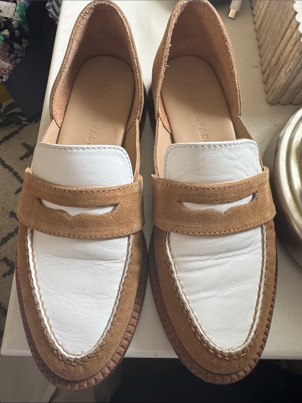 Freda Salvador White and Tan Suede Leather Penny Loafers